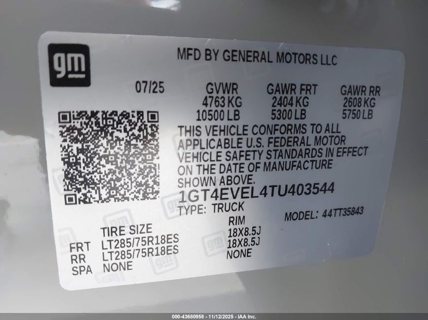 2026 GMC Sierra Ev Max Range At4 VIN: 1GT4EVEL4TU403544 Lot: 43680958