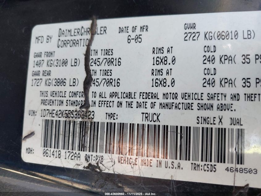 2005 Dodge Dakota Slt VIN: 1D7HE42K55S363423 Lot: 43680960