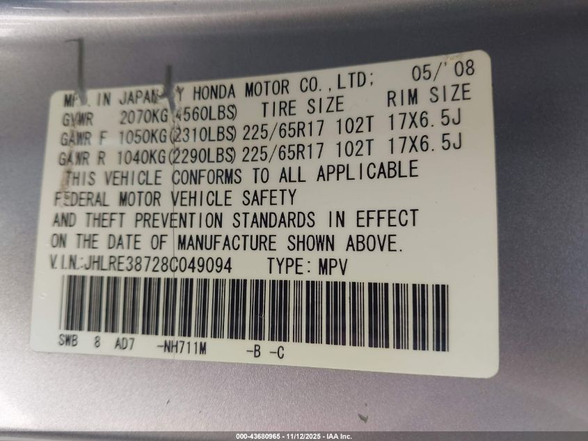2008 Honda Cr-V Ex-L VIN: JHLRE38728C049094 Lot: 43680965
