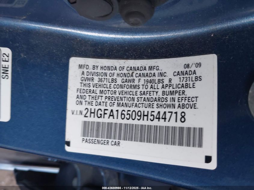 2009 Honda Civic Lx VIN: 2HGFA16509H544718 Lot: 43680966