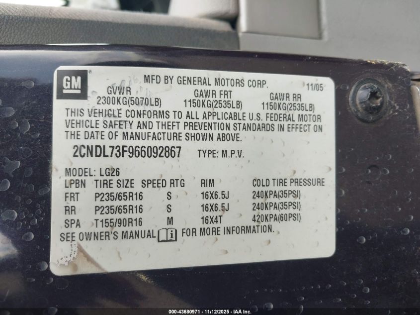 2006 Chevrolet Equinox Lt VIN: 2CNDL73F966092867 Lot: 43680971