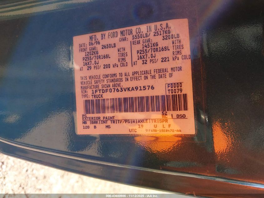 1997 Ford F-150 Lariat/Xl/Xlt VIN: 1FTDF0763VKA91576 Lot: 43680986