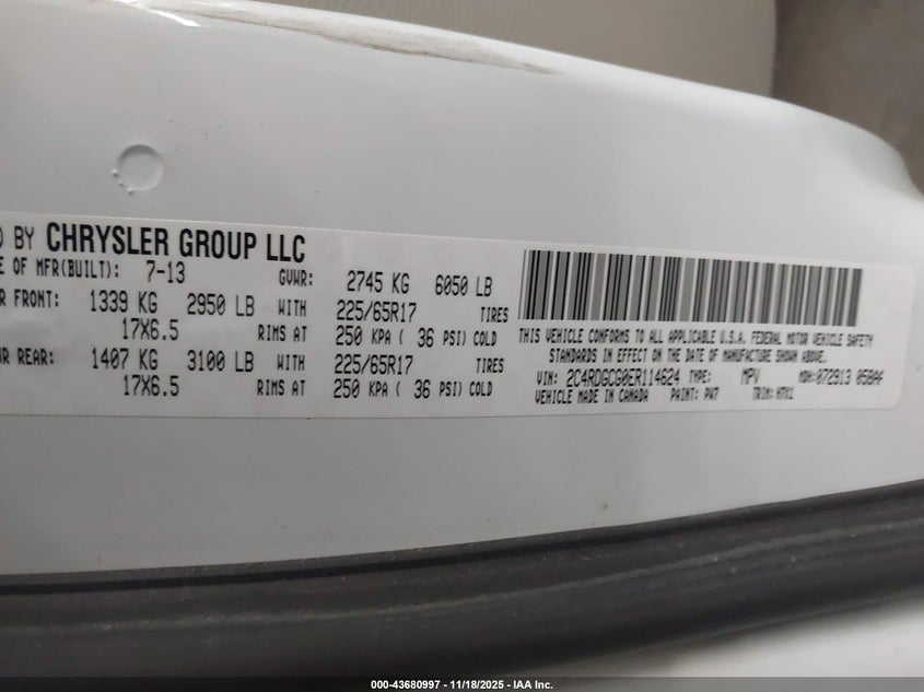 2014 Dodge Grand Caravan Sxt VIN: 2C4RDGCG0ER114624 Lot: 43680997