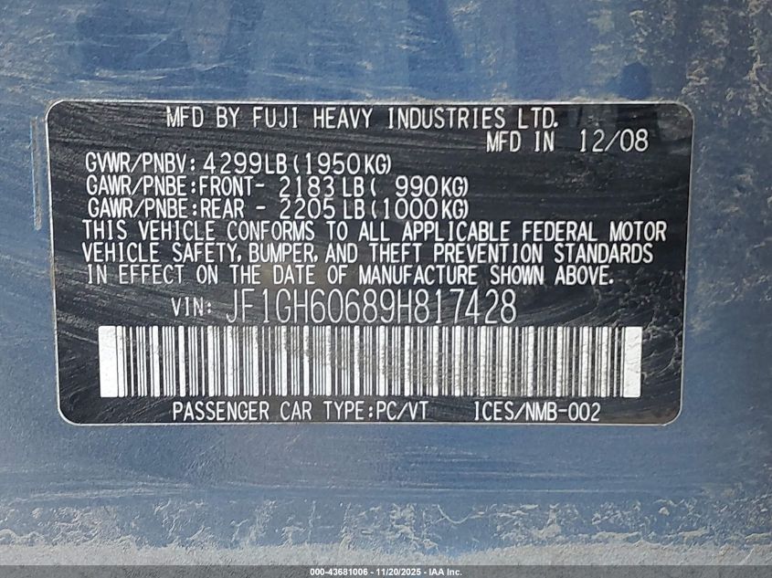 2009 Subaru Impreza 2.5I VIN: JF1GH60689H817428 Lot: 43681006