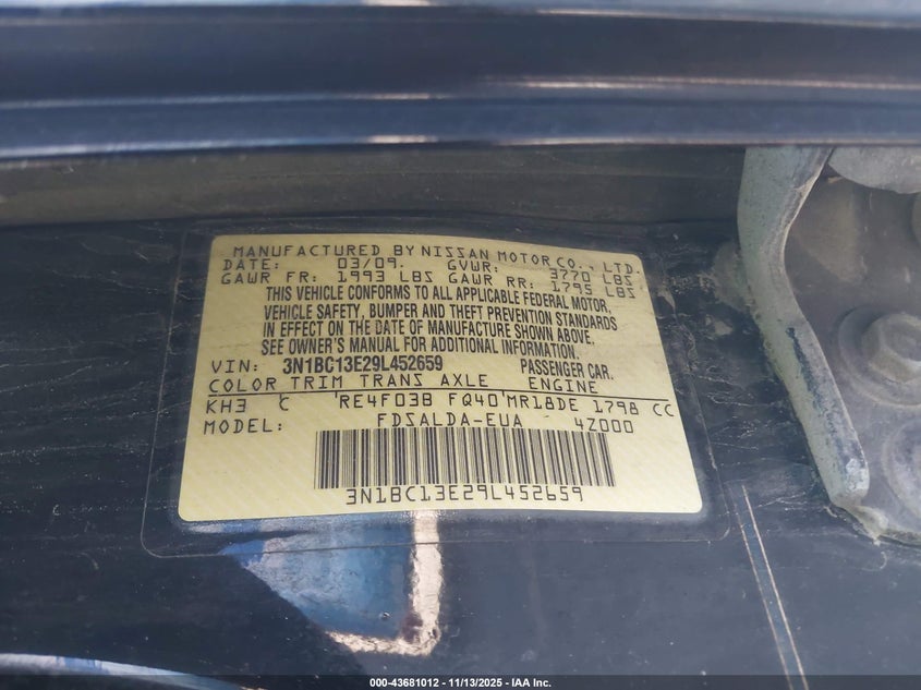 2009 Nissan Versa 1.8S VIN: 3N1BC13E29L452659 Lot: 43681012