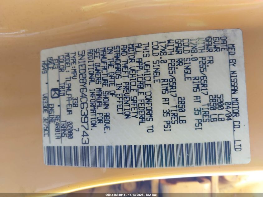 2004 Nissan Xterra Se VIN: 5N1ED28Y64C639743 Lot: 43681014