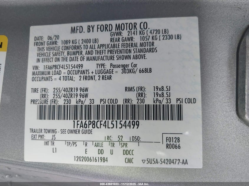2020 Ford Mustang Gt Premium Fastback VIN: 1FA6P8CF4L5154499 Lot: 43681023