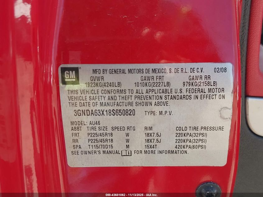 2008 Chevrolet Hhr Ss VIN: 3GNDA63X18S650820 Lot: 43681062