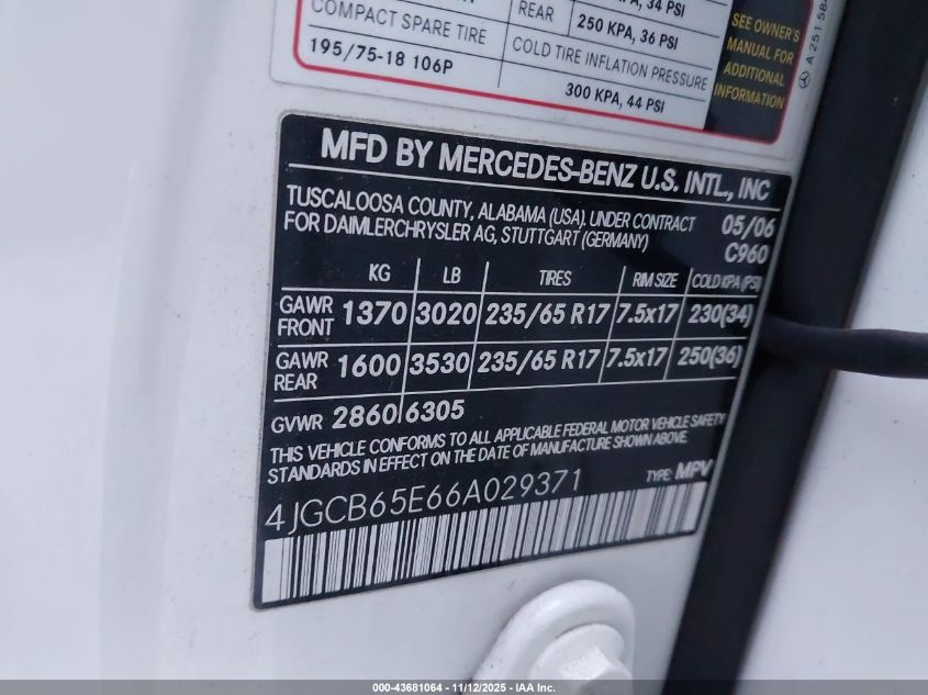 2006 Mercedes-Benz R 350 4Matic VIN: 4JGCB65E66A029371 Lot: 43681064