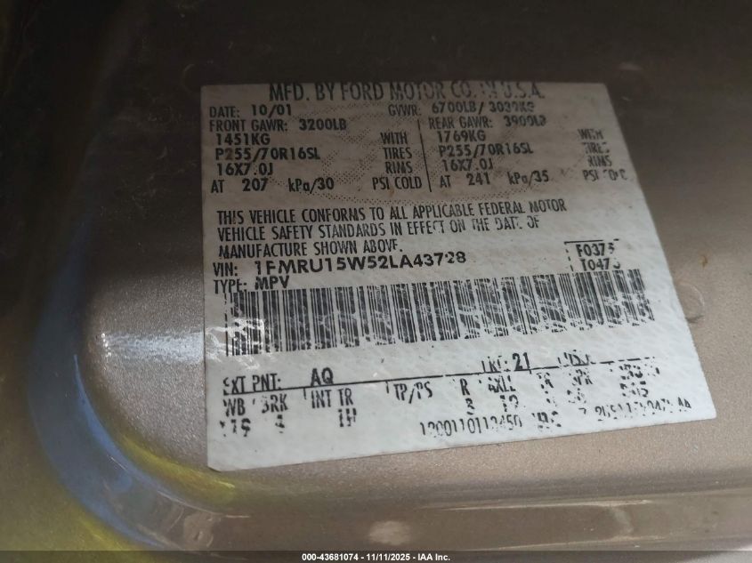 2002 Ford Expedition Xlt VIN: 1FMRU15W52LA43728 Lot: 43681074