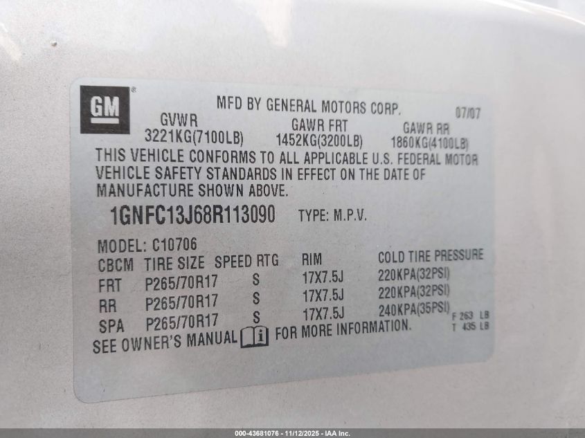 2008 Chevrolet Tahoe Lt VIN: 1GNFC13J68R113090 Lot: 43681076