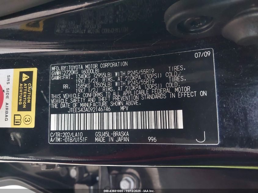 2009 Toyota Highlander Sport VIN: JTEES43A092146746 Lot: 43681085