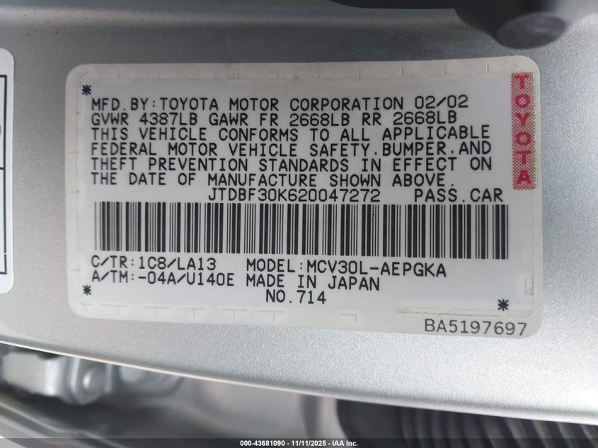 JTDBF30K620047272 2002 TOYOTA CAMRY photo no. 9