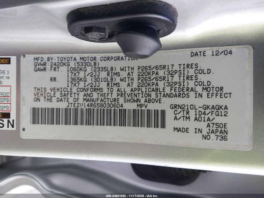 2005 Toyota 4Runner Sr5 V6 VIN: JTEZU14R658030604 Lot: 43681092