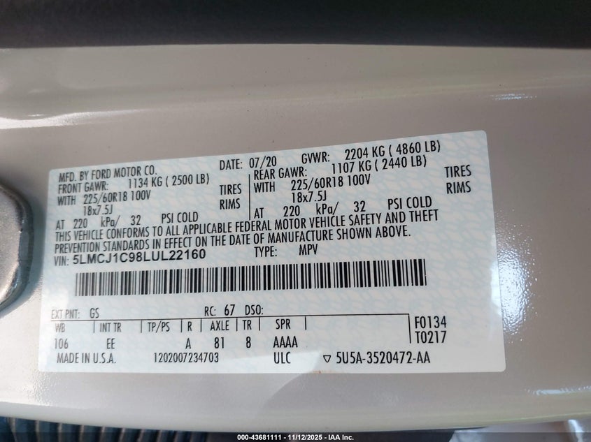 2020 Lincoln Corsair Standard VIN: 5LMCJ1C98LUL22160 Lot: 43681111