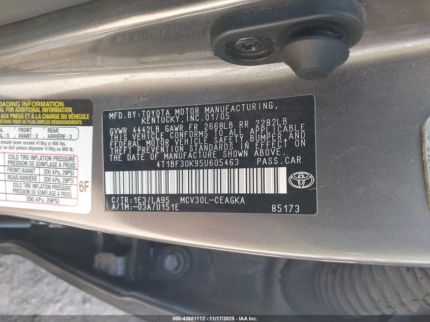4T1BF30K95U605463 2005 TOYOTA CAMRY photo no. 9