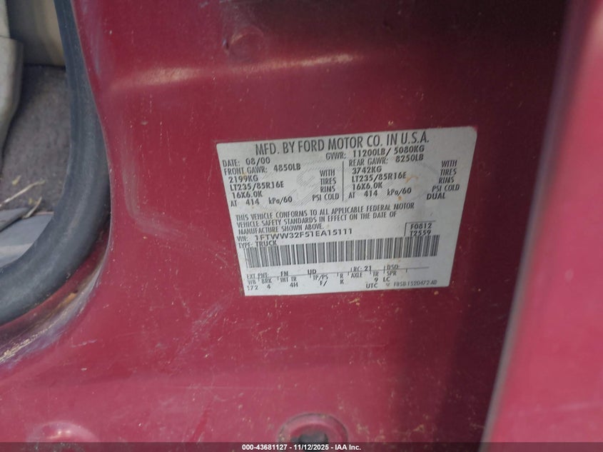 2001 Ford F-350 Lariat/Xl/Xlt VIN: 1FTWW32F51EA15111 Lot: 43681127