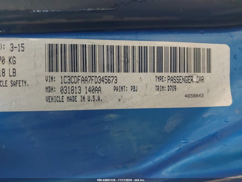 2015 Dodge Dart Se VIN: 1C3CDFAA7FD345673 Lot: 43681135