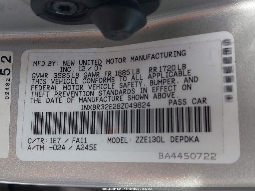 2008 Toyota Corolla Ce VIN: 1NXBR32E28Z049824 Lot: 43681141