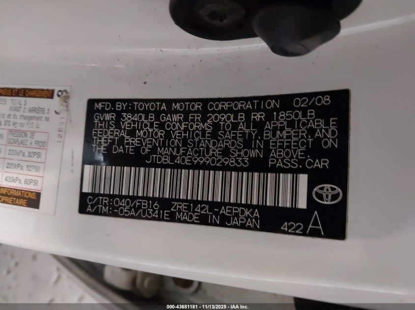 2009 Toyota Corolla Le VIN: JTDBL40E999029833 Lot: 43681181