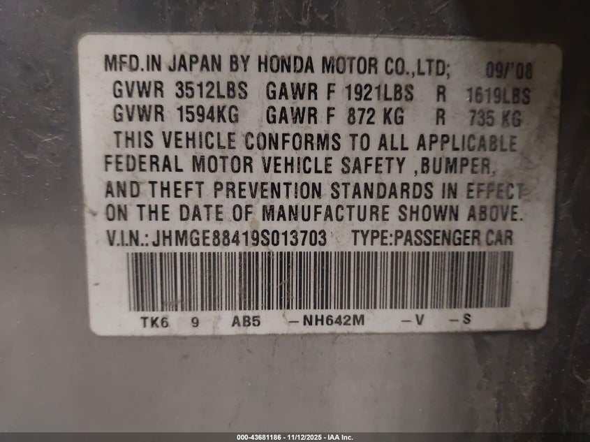 JHMGE88419S013703 2009 HONDA FIT photo no. 9