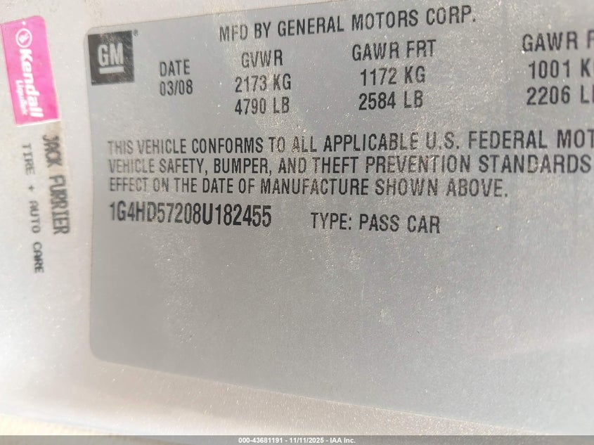 2008 Buick Lucerne Cxl VIN: 1G4HD57208U182455 Lot: 43681191