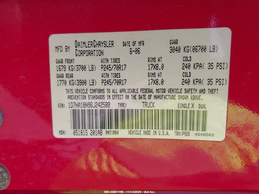 2006 Dodge Ram 1500 St VIN: 1D7HA18N96J242588 Lot: 43681198