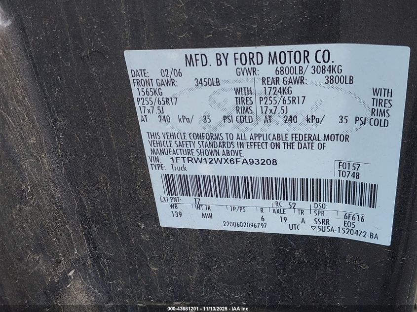 2006 Ford F-150 Xlt VIN: 1FTRW12WX6FA93208 Lot: 43681201