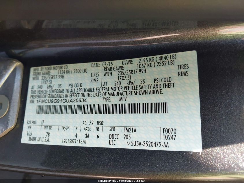 2016 Ford Escape Se VIN: 1FMCU9G91GUA30634 Lot: 43681202