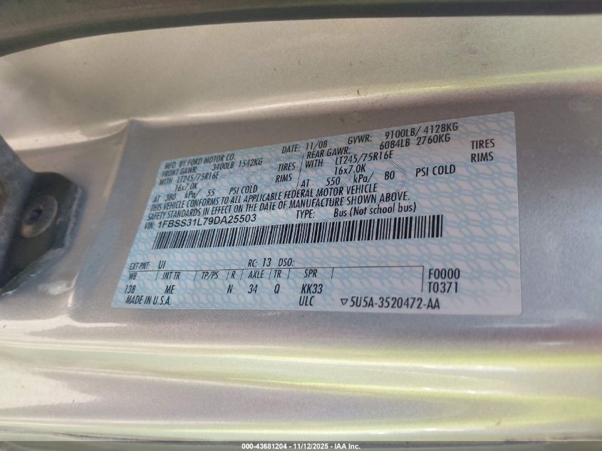 2009 Ford E-350 Super Duty Xl/Xlt VIN: 1FBSS31L79DA25503 Lot: 43681204