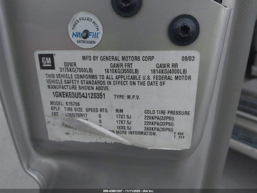 2004 GMC Yukon Denali VIN: 1GKEK63U54J120351 Lot: 43681207