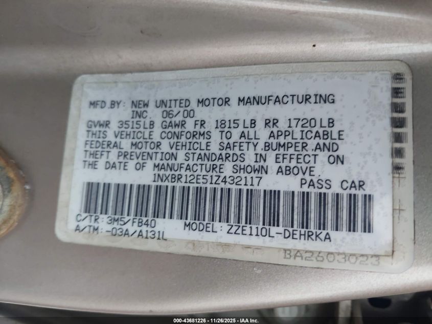 2001 Toyota Corolla Ce VIN: 1NXBR12E51Z432117 Lot: 43681226