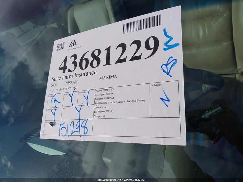 2006 Nissan Maxima 3.5 Sl VIN: 1N4BA41E86C812621 Lot: 43681229