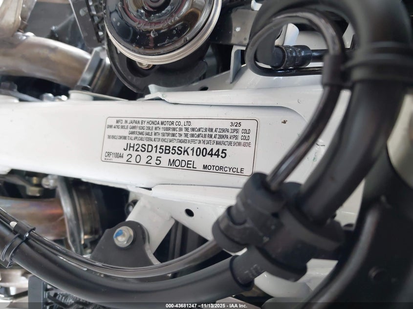 2025 Honda Crf1100 A4 VIN: JH2SD15B5SK100445 Lot: 43681247