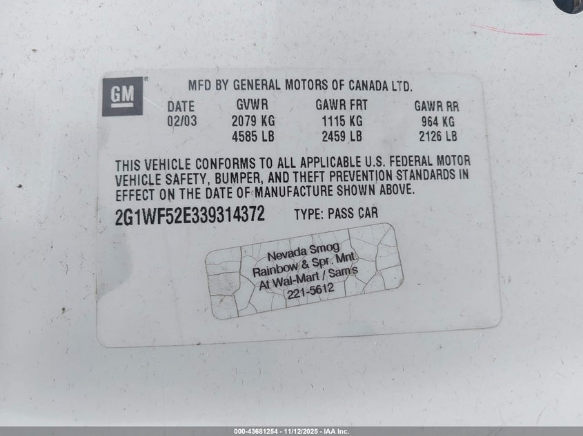 2G1WF52E339314372 2003 CHEVROLET IMPALA photo no. 9
