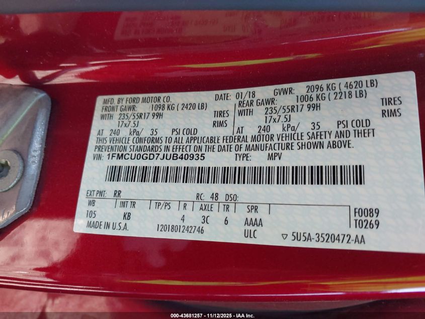 2018 Ford Escape Se VIN: 1FMCU0GD7JUB40935 Lot: 43681257