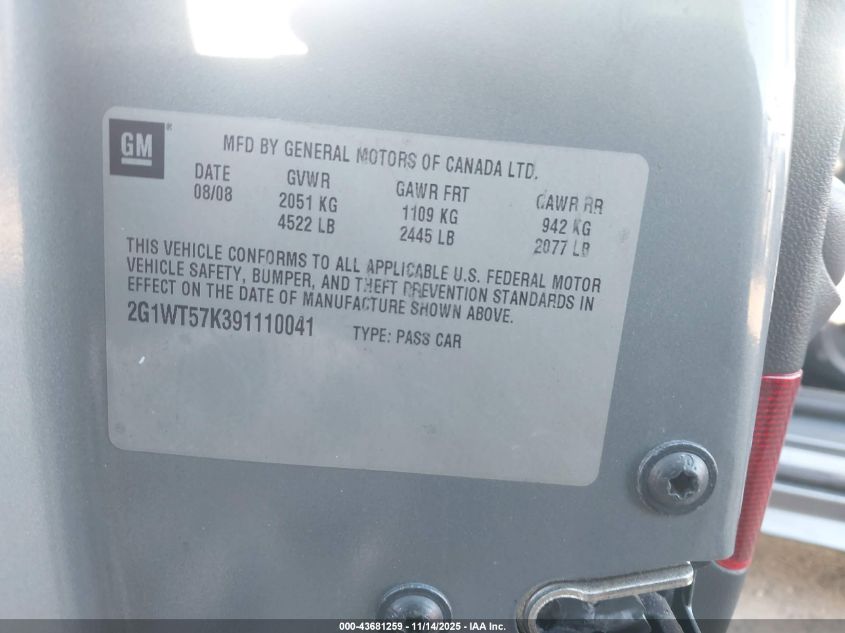 2009 Chevrolet Impala Lt VIN: 2G1WT57K391110041 Lot: 43681259