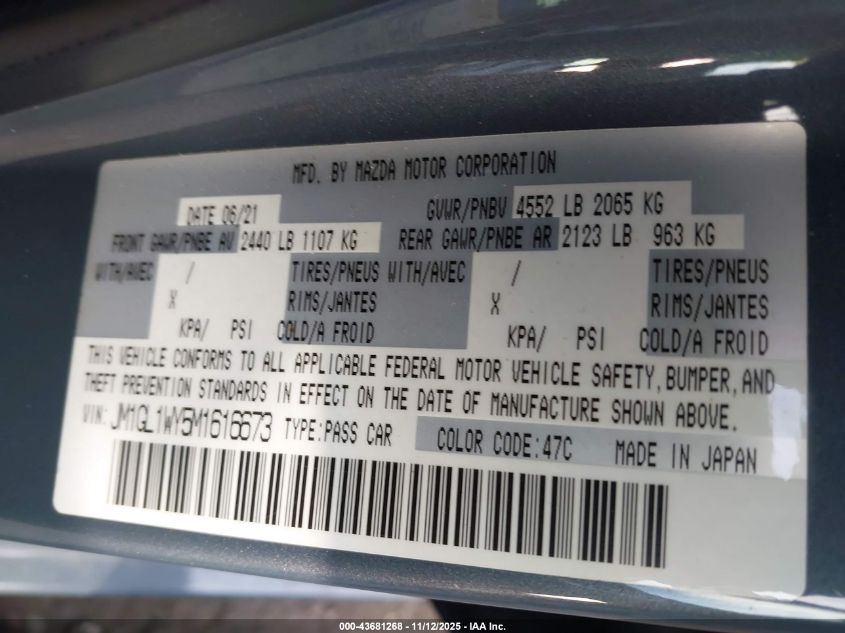 2021 Mazda Mazda6 Carbon Edition VIN: JM1GL1WY5M1616673 Lot: 43681268