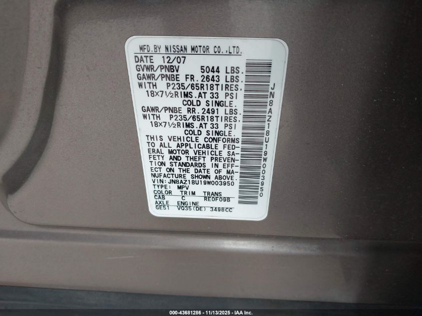 2009 Nissan Murano Sl VIN: JN8AZ18U19W003950 Lot: 43681286