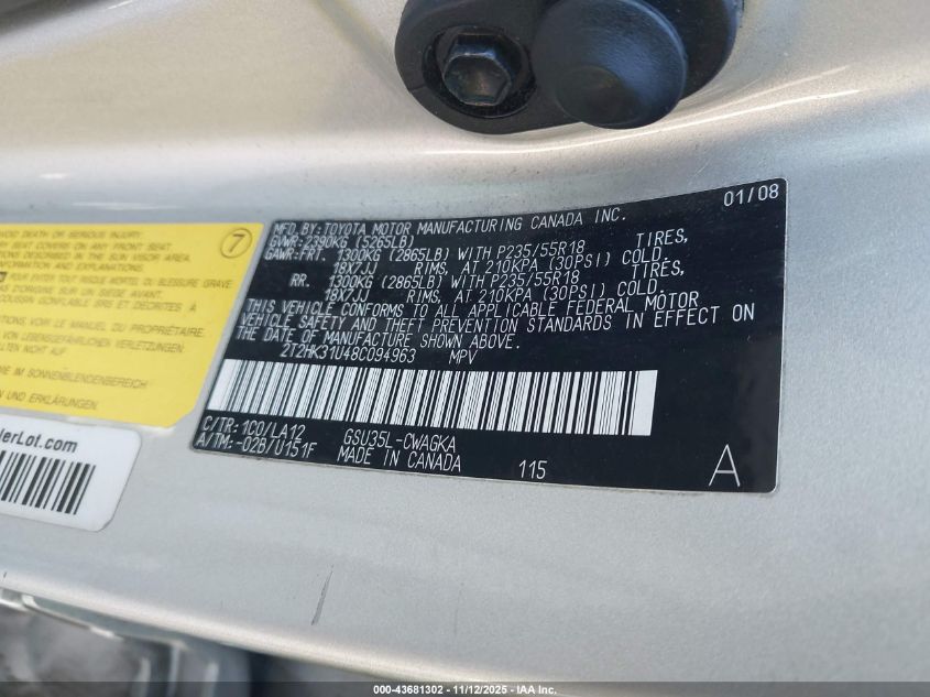 2008 Lexus Rx 350 VIN: 2T2HK31U48C094963 Lot: 43681302