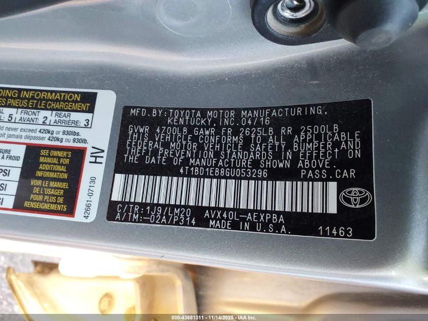 2016 Toyota Avalon Hybrid Limited VIN: 4T1BD1EB8GU053296 Lot: 43681311