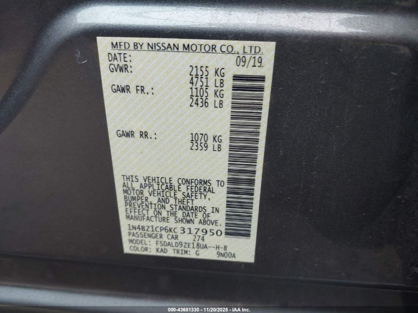 2019 Nissan Leaf Sv Plus VIN: 1N4BZ1CP6KC317950 Lot: 43681330