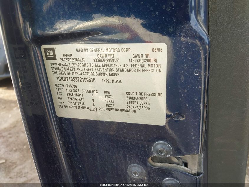 2007 GMC Envoy Sle VIN: 1GKDT13S372109616 Lot: 43681332