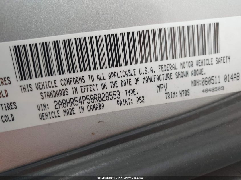 2008 Chrysler Town & Country Touring VIN: 2A8HR54P58R828553 Lot: 43681351