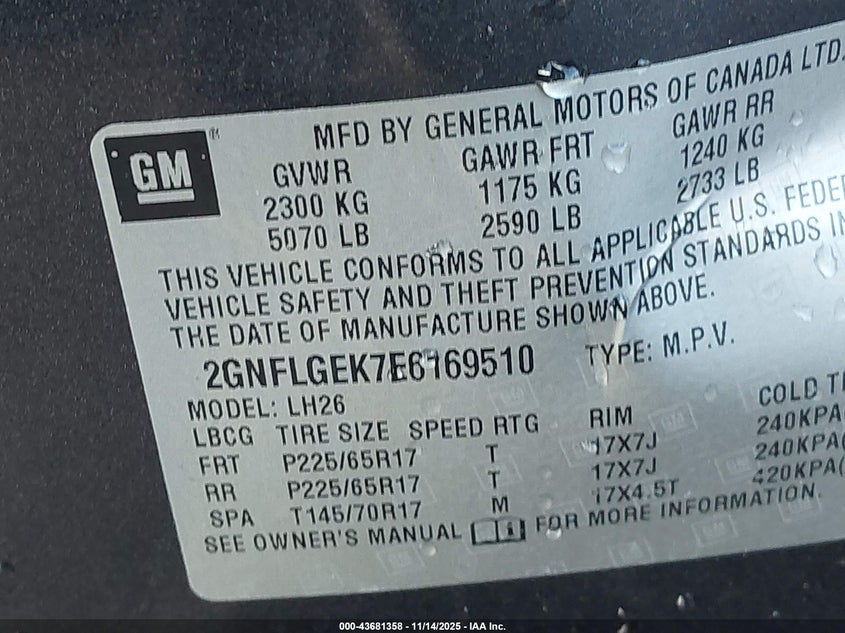 2014 CHEVROLET EQUINOX 2LT 2GNFLGEK7E6169510