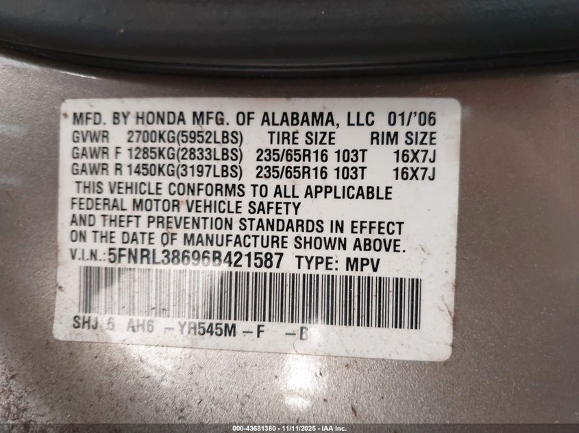 2006 Honda Odyssey Ex-L VIN: 5FNRL38696B421587 Lot: 43681380