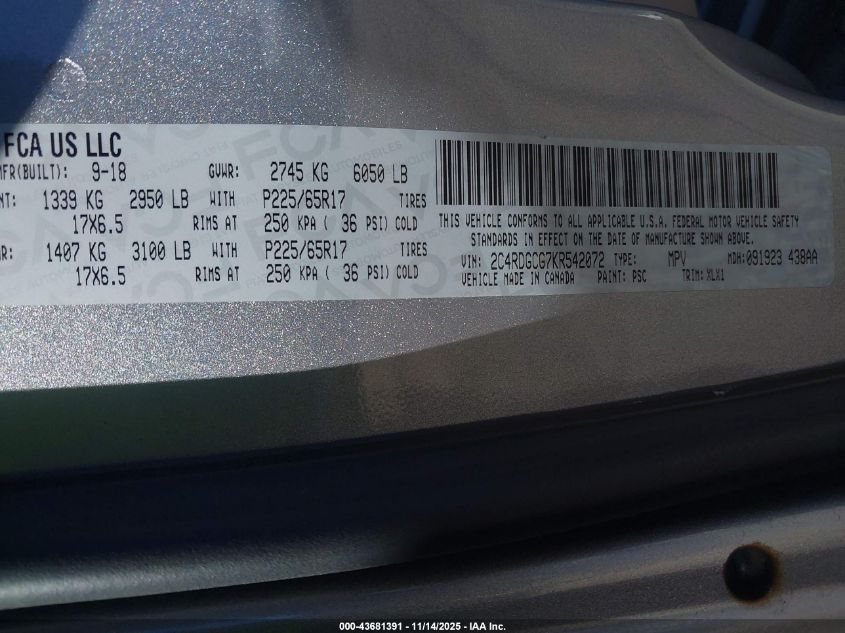 2019 Dodge Grand Caravan Sxt VIN: 2C4RDGCG7KR542072 Lot: 43681391