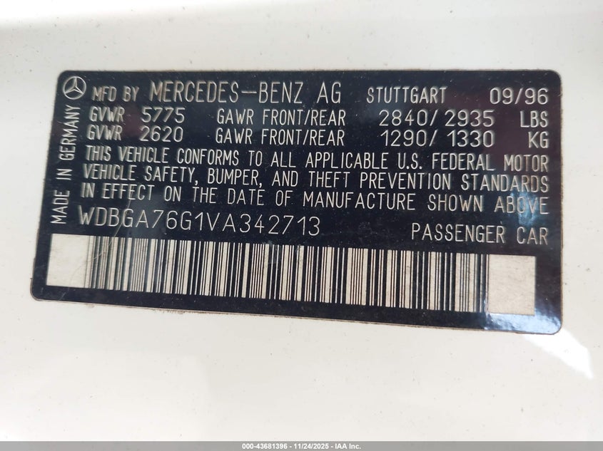 1997 Mercedes-Benz S 600 VIN: WDBGA76G1VA342713 Lot: 43681396