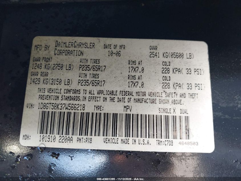 2007 Dodge Nitro Slt/Rt VIN: 1D8GT58K37W566218 Lot: 43681399