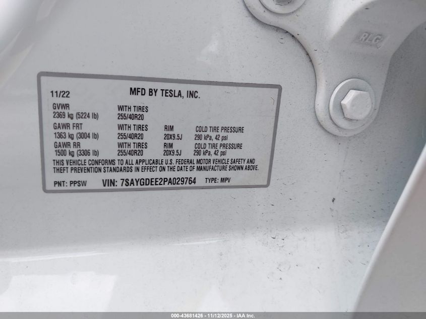 2023 Tesla Model Y Awd/Long Range Dual Motor All-Wheel Drive VIN: 7SAYGDEE2PA029764 Lot: 43681426